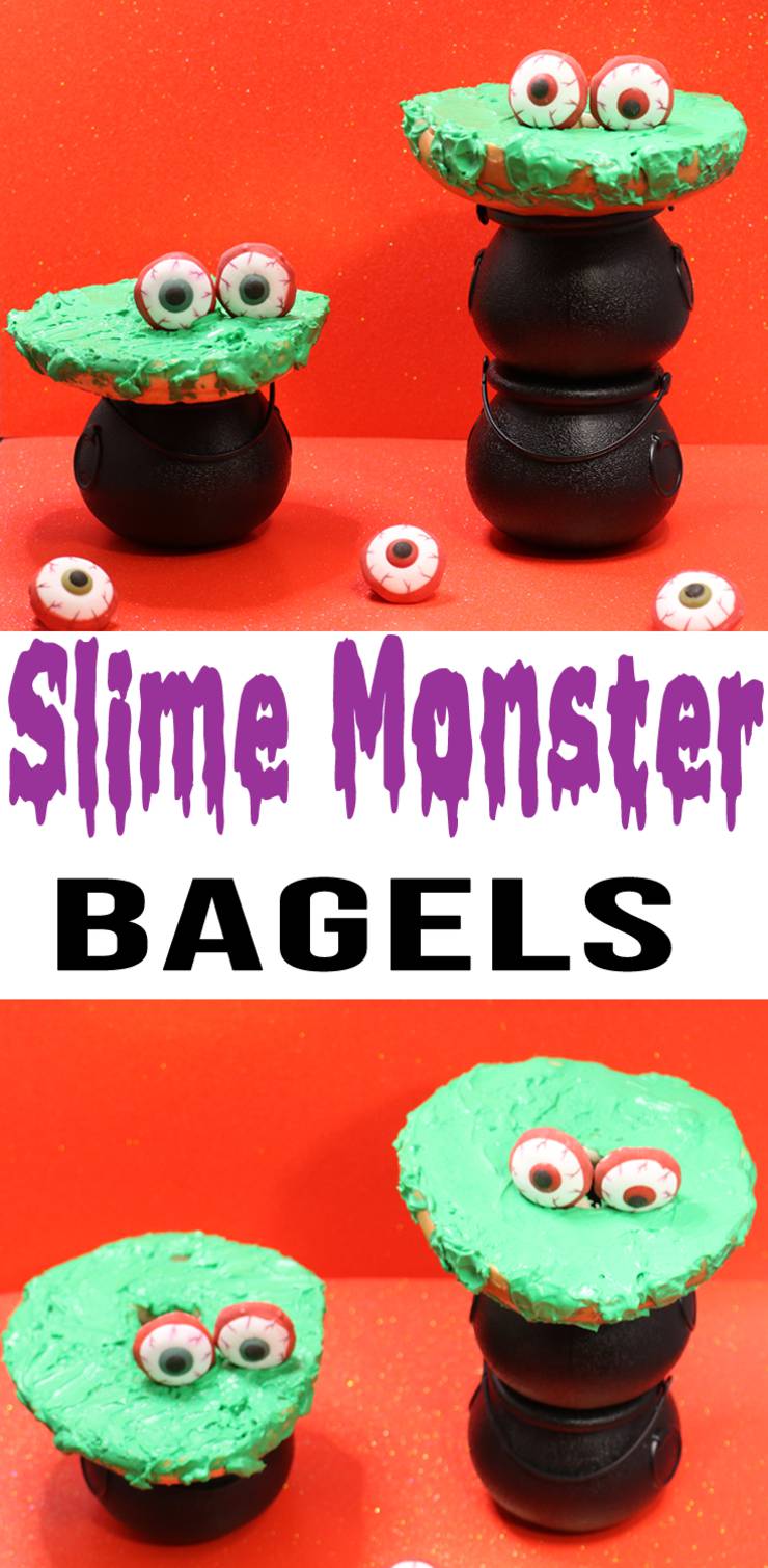 Slime Monster Treats - Halloween Breakfast Ideas - Bagel Ideas For Breakfast - Easy Bagel Toppings
